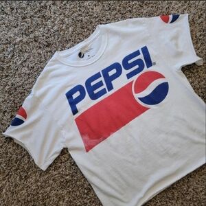 Pepsi White Tee with Blue and Red Logo Distressed Baby Tee Grunge 90s Y2k